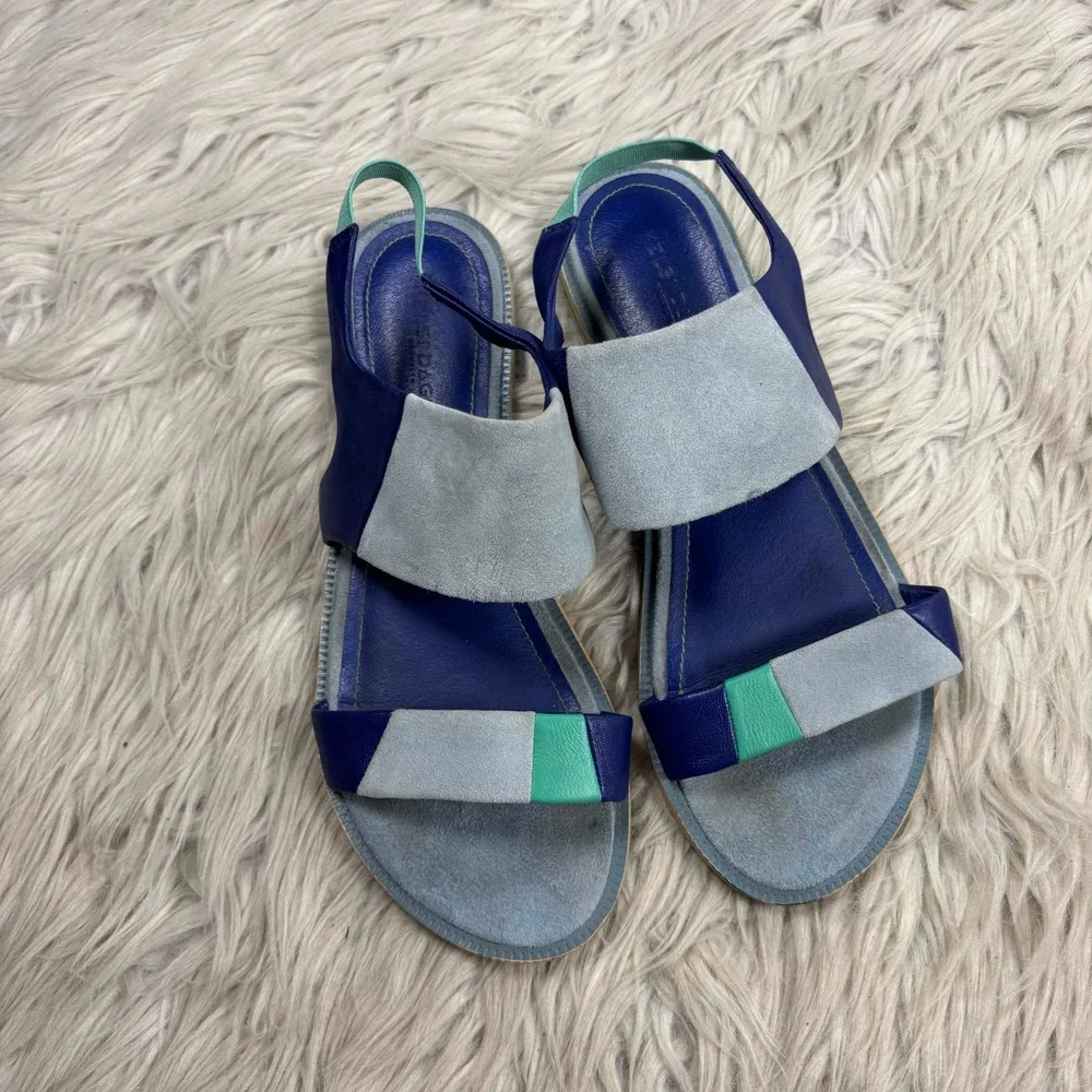 Kelsi Daggar Women's 7.5 Blue Patchwork Sling Back Sandals‎ Boho Resort Artsy